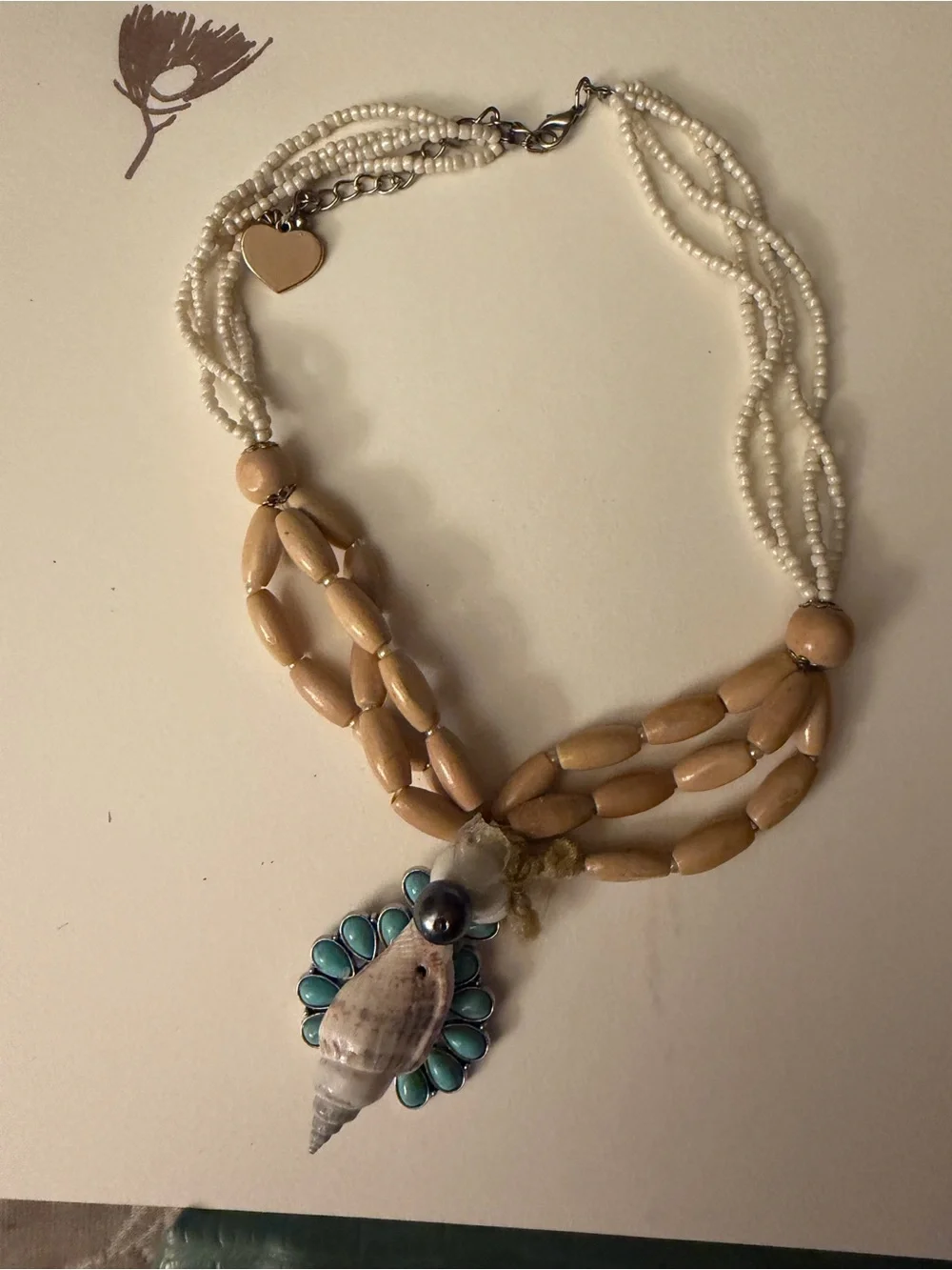 Unique 1/1 seashell beaded Necklace - Cream and faux Turquoise! Seashell